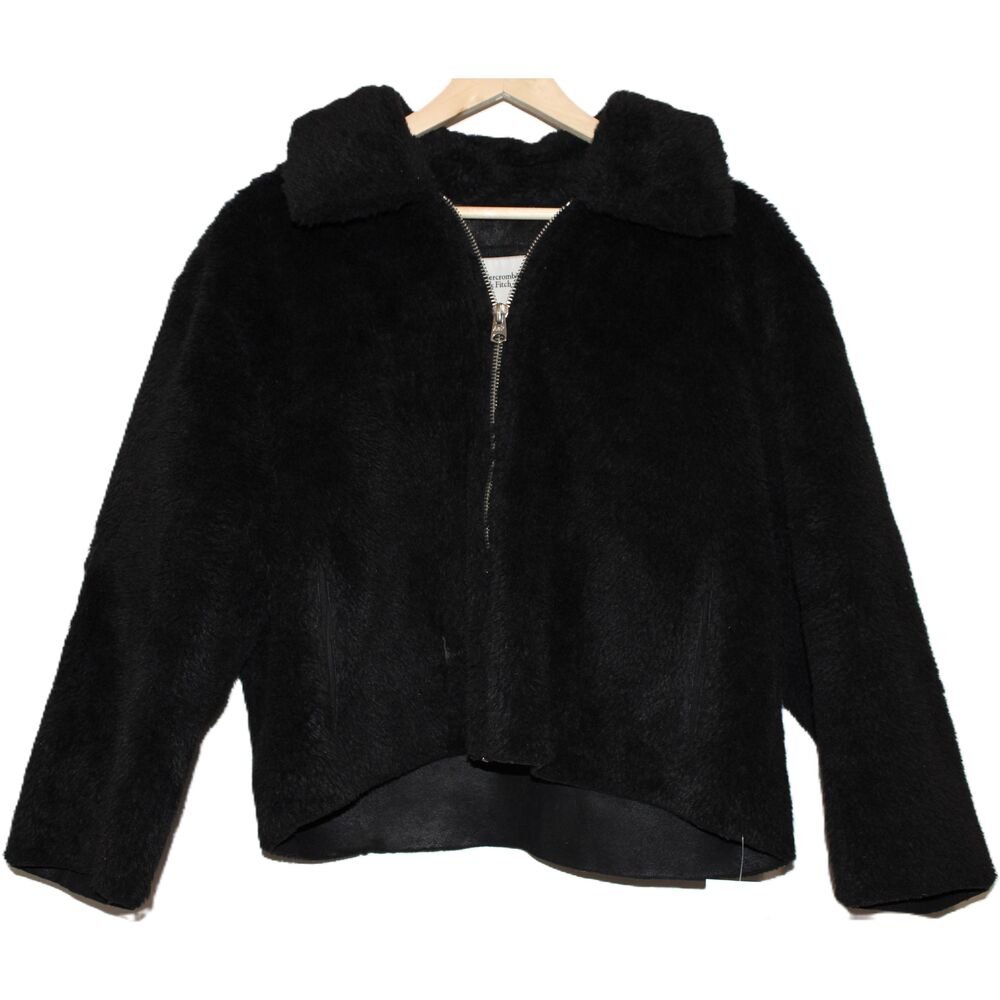 Womens Abercrombie & Fitch Black Zip Faux Fur Teddy Jacket Short Coat Size Small